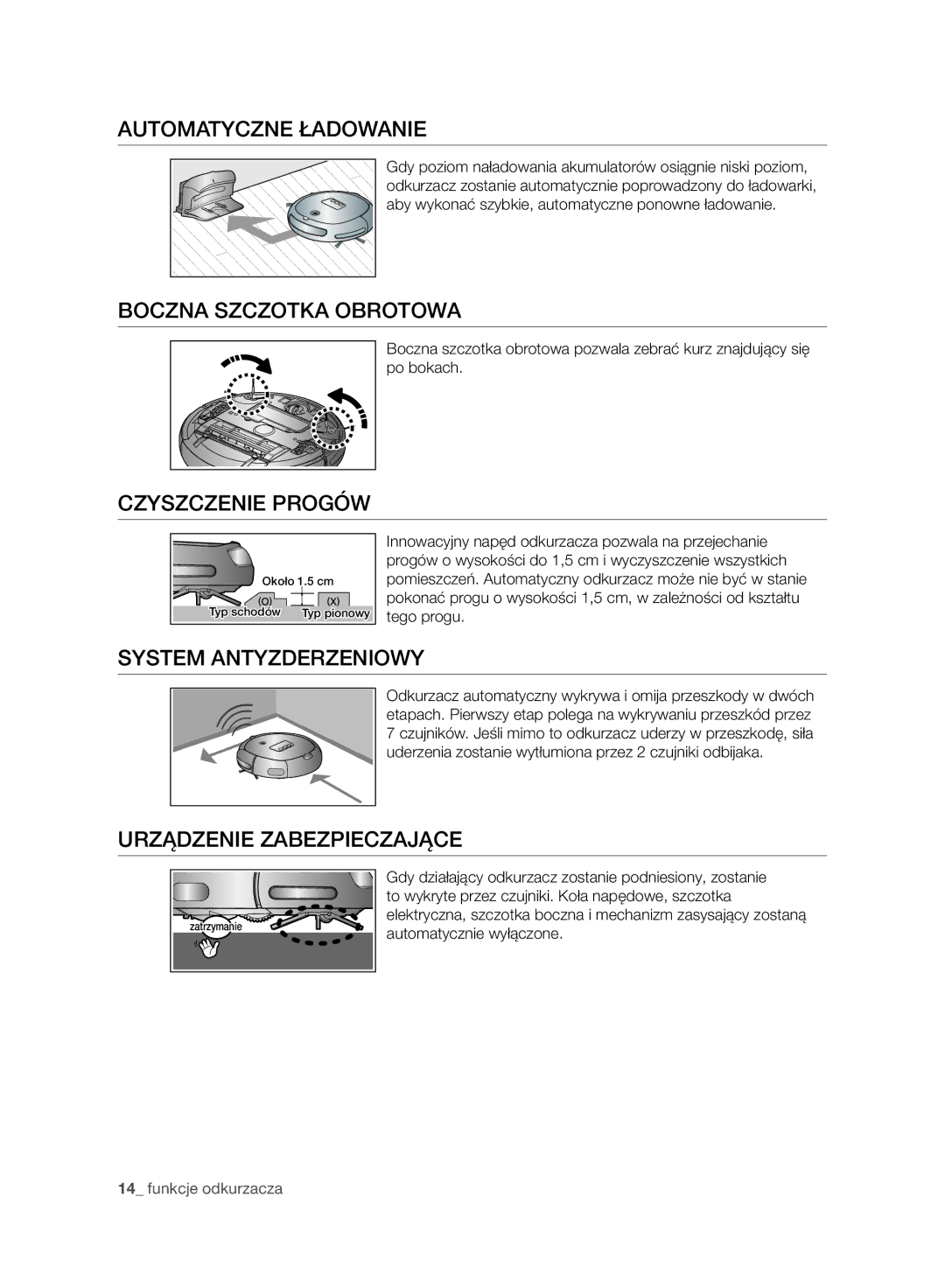 Samsung VR10BTBATBB/EG manual Automatyczne Ładowanie, Boczna Szczotka Obrotowa, Czyszczenie Progów, System Antyzderzeniowy 