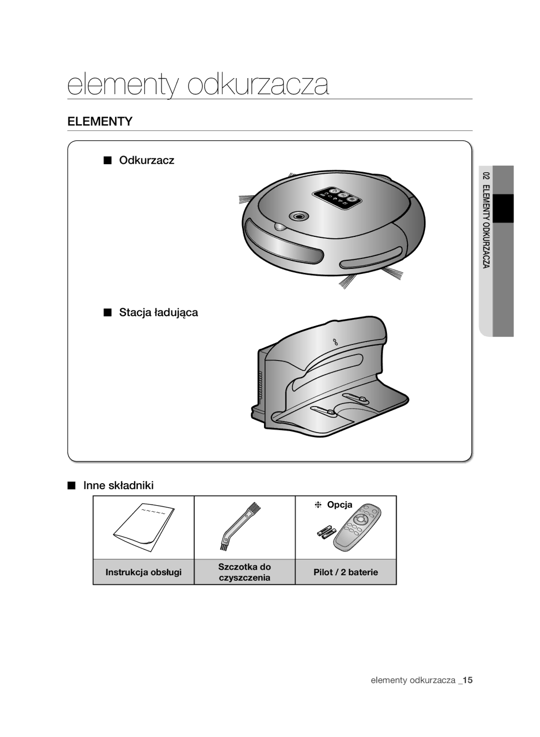 Samsung VR10BTBATGY/SW, VR10ATBATBB/EO, VR10ATBATGY/EG manual Elementy odkurzacza, Odkurzacz, Stacja ładująca Inne składniki 