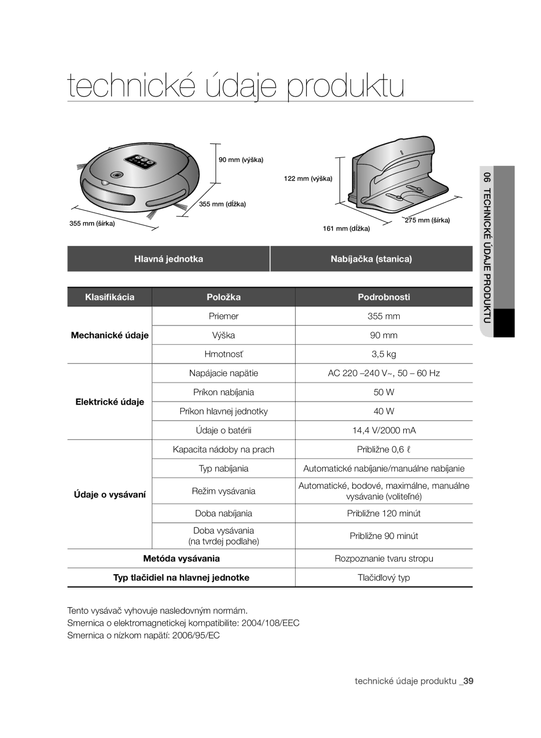 Samsung VR10BTBATUB/SW manual Hlavná jednotka, Nabíjačka stanica, Klasiﬁkácia Položka Podrobnosti, Priemer 355 mm, Hmotnosť 