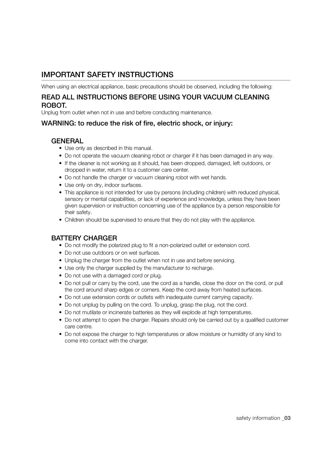 Samsung VR10ATBATGY/EF, VR10ATBATBB/EO, VR10ATBATGY/EG manual Important Safety Instructions, General, Battery Charger 