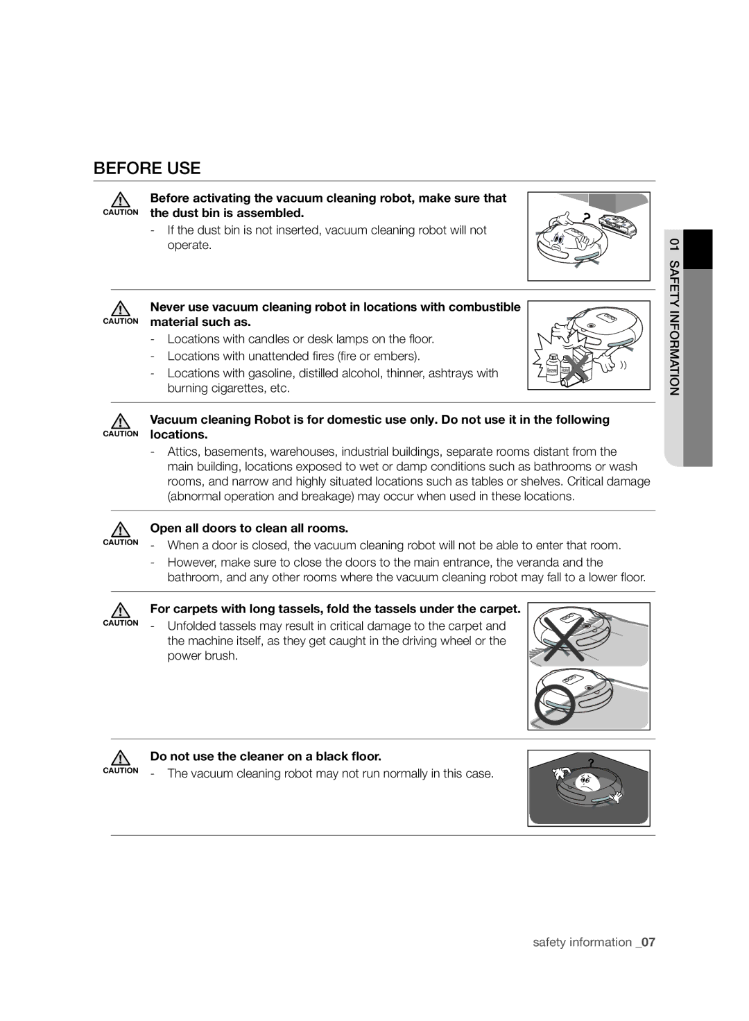 Samsung VR10ATBATRD/EO manual Before USE, Burning cigarettes, etc, Material such as, Open all doors to clean all rooms 