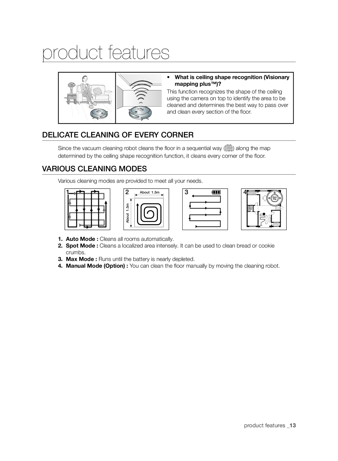 Samsung VR10ATBATGY/EF, VR10ATBATBB/EO manual Product features, Delicate Cleaning of Every Corner, Various Cleaning Modes 