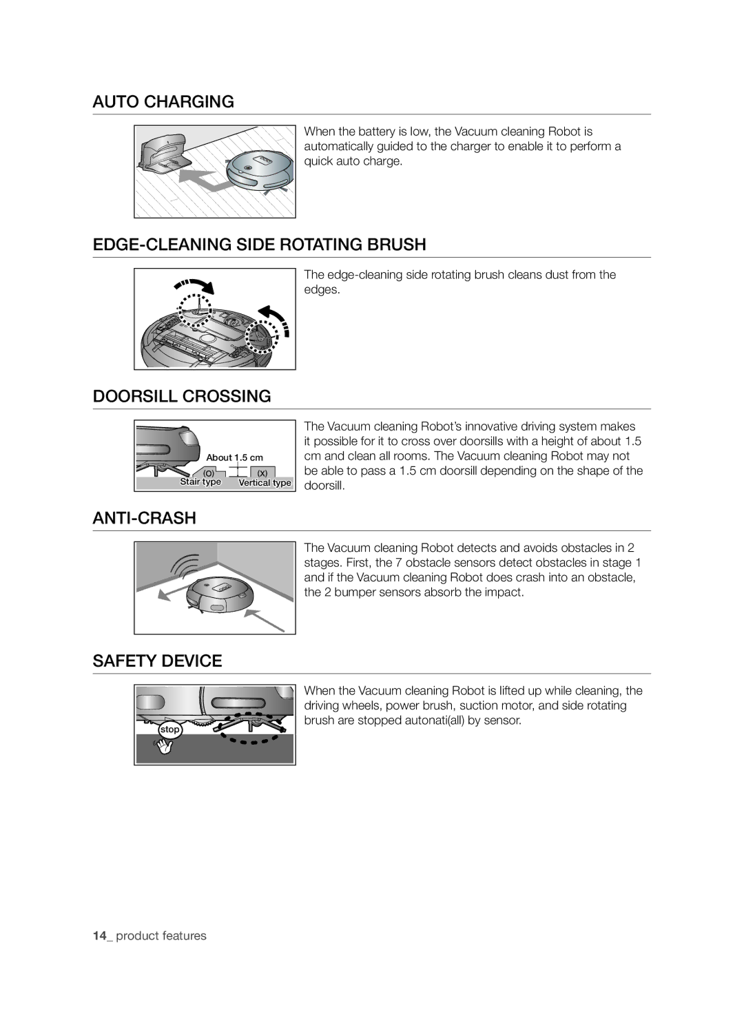 Samsung VR10BTBATBB/EG Auto Charging, EDGE-CLEANING Side Rotating Brush, Doorsill Crossing, Anti-Crash, Safety Device 