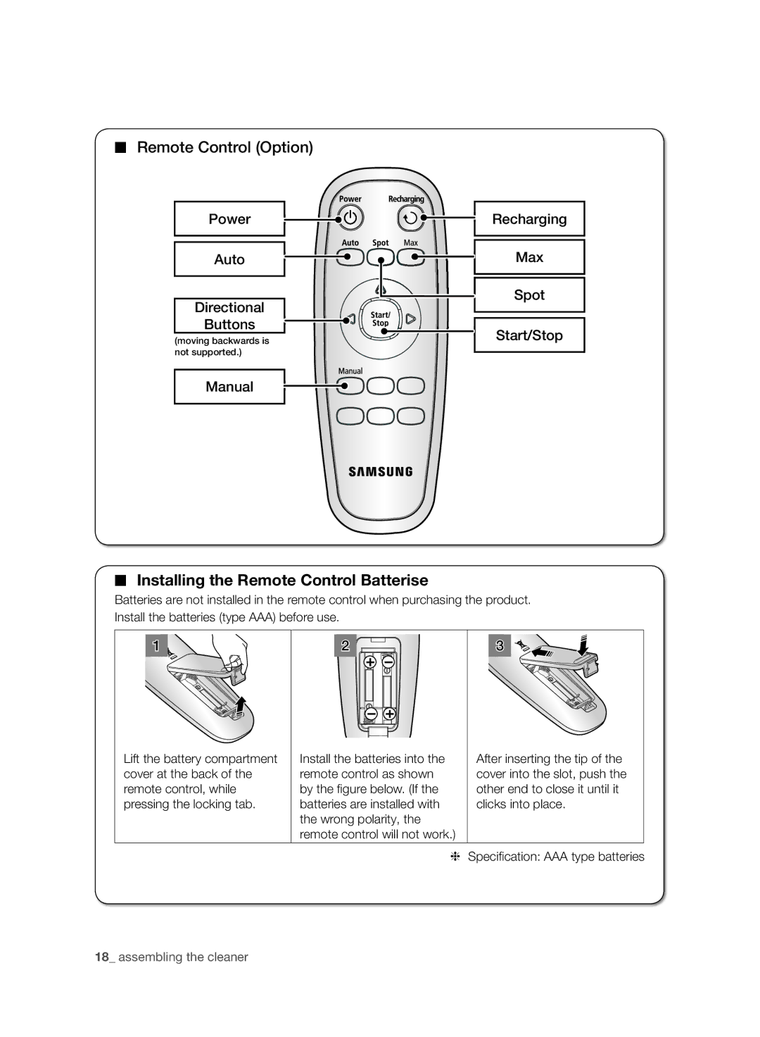 Samsung VR10ATBATGY/SW, VR10ATBATBB/EO, VR10ATBATGY/EG manual Remote Control Option, Installing the Remote Control Batterise 