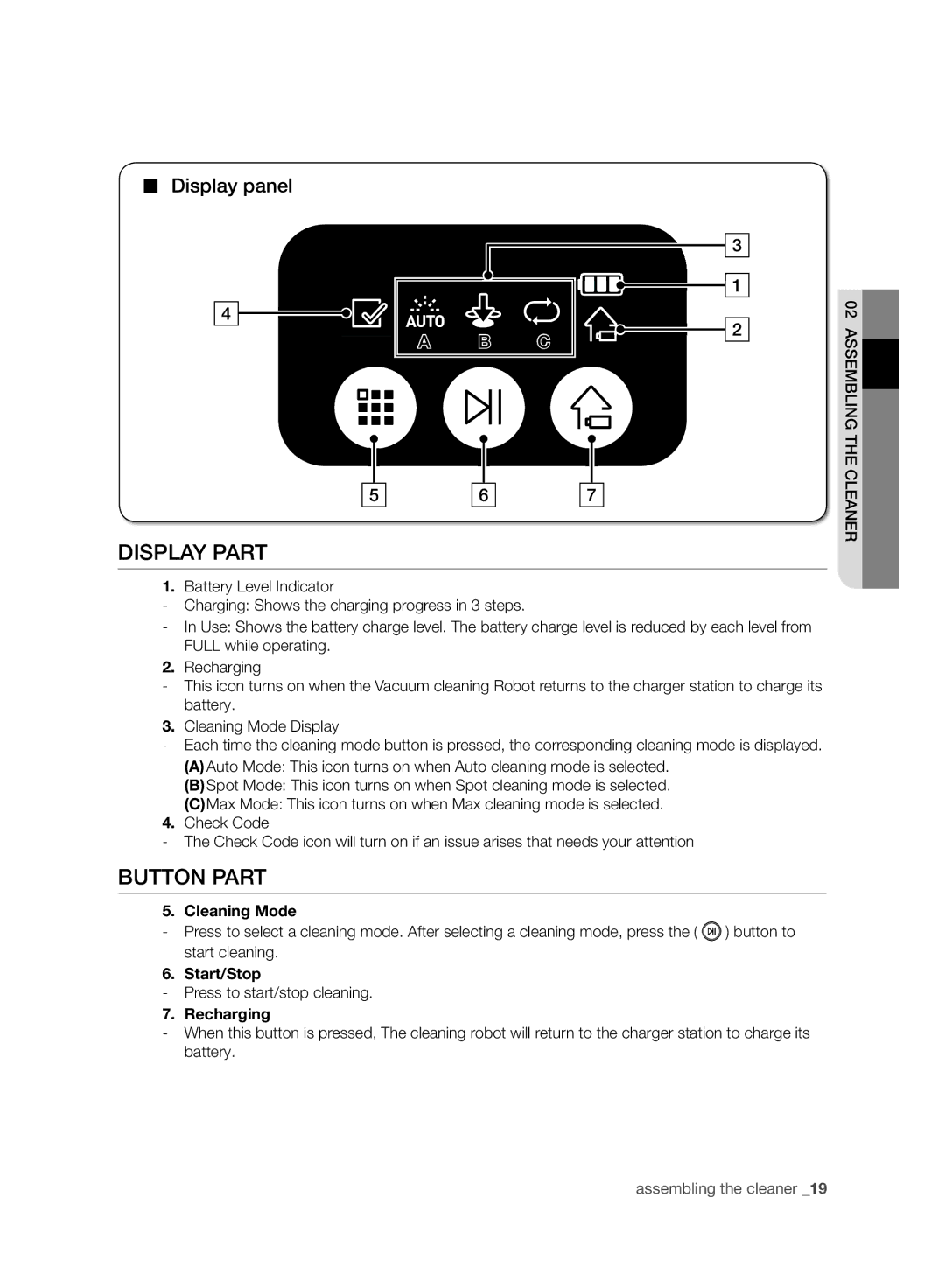 Samsung VR10BTBATUB/SW, VR10ATBATBB/EO, VR10ATBATGY/EG Display Part, Button Part, Display panel, Cleaning Mode, Recharging 