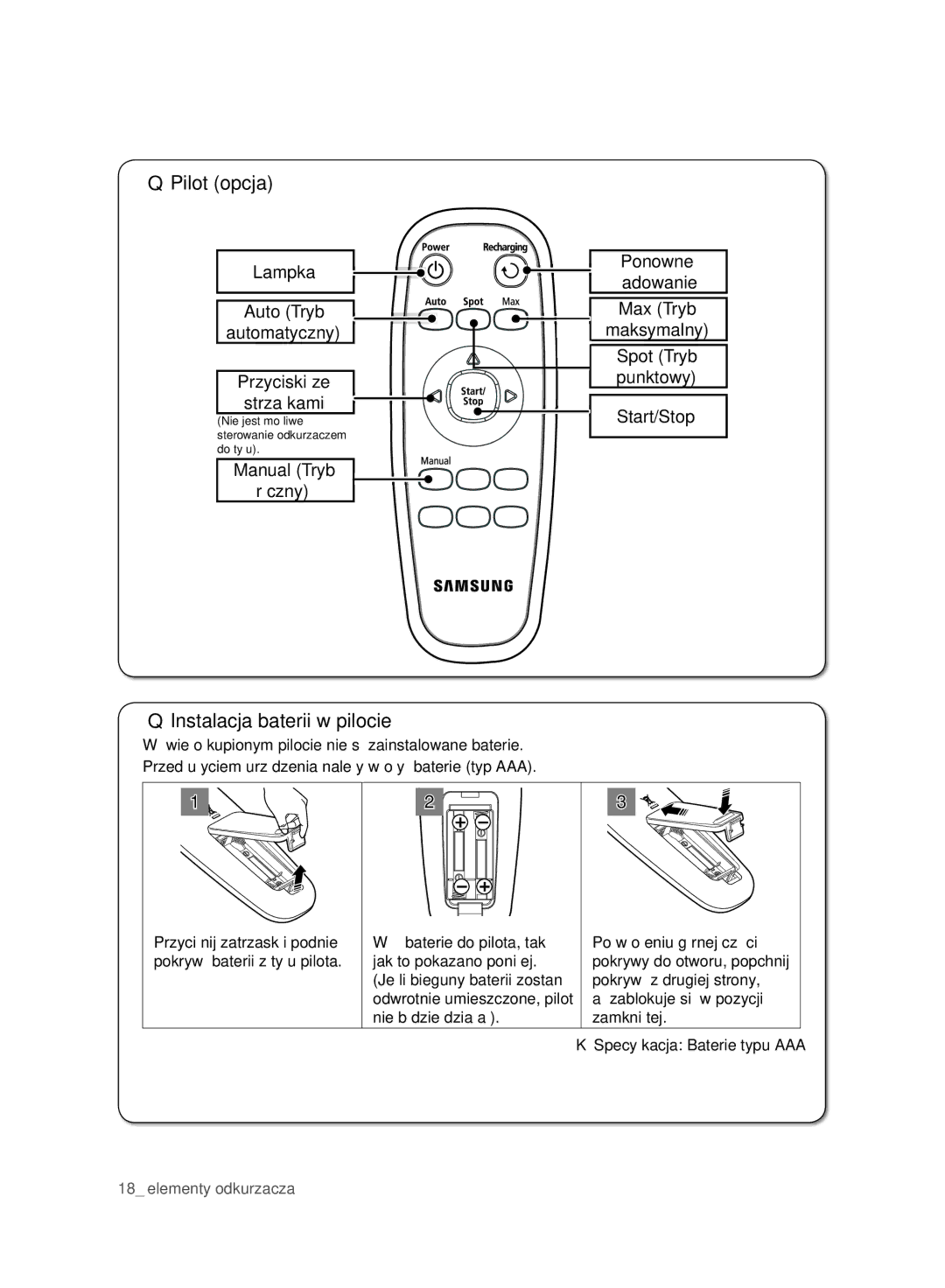 Samsung VR10ATBATGY/SW, VR10ATBATBB/EO, VR10ATBATGY/EG, VR10BTBATBB/EF manual Pilot opcja, Instalacja baterii w pilocie 