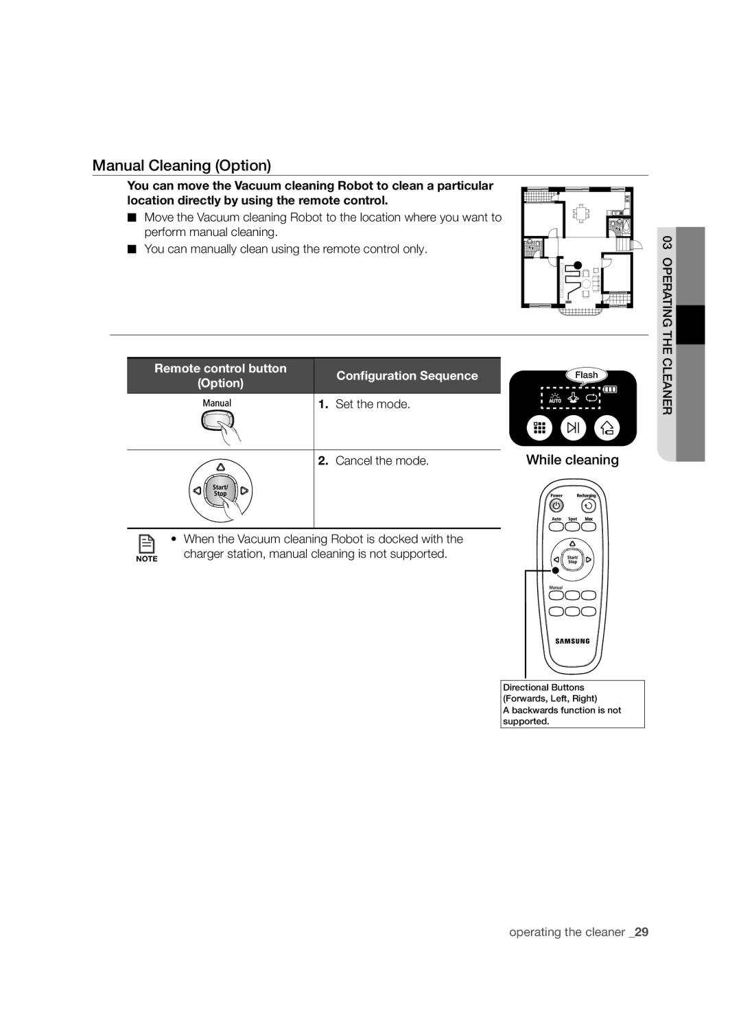 Samsung VR10BTBATUB/SW, VR10ATBATBB/EO manual Manual Cleaning Option, Conﬁguration Sequence, Set the mode Cancel the mode 