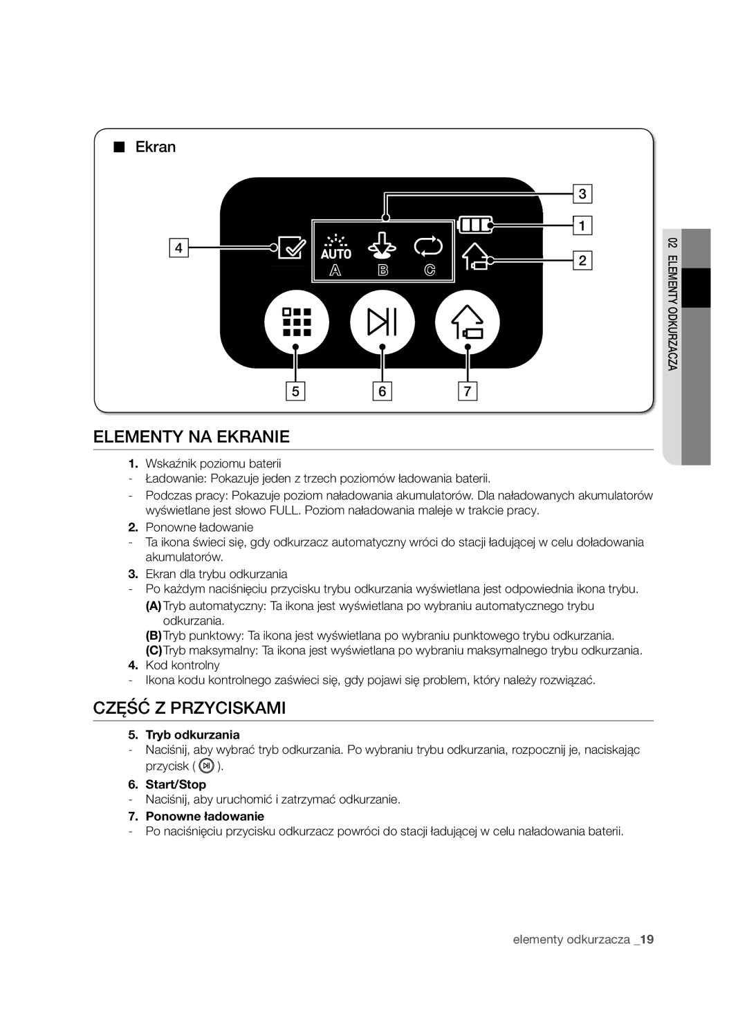 Samsung VR10BTBATUB/SW, VR10ATBATBB/EO, VR10ATBATGY/EG, VR10BTBATBB/EF manual Elementy NA Ekranie, Część Z Przyciskami 