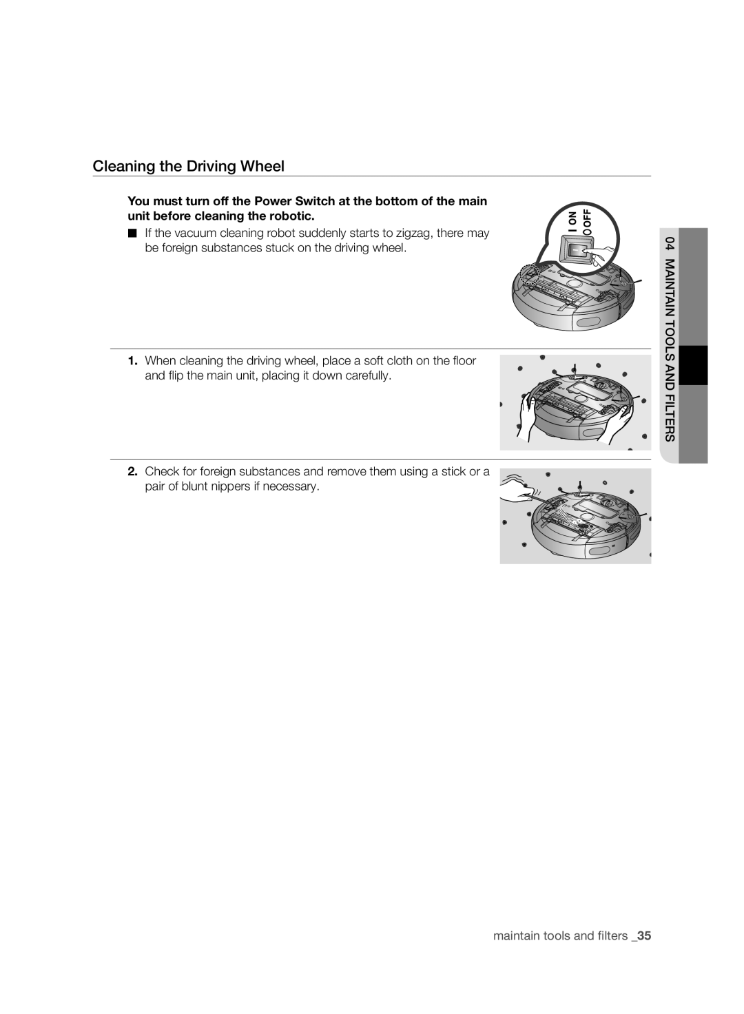 Samsung VR10BTBATGY/SW, VR10ATBATBB/EO, VR10ATBATGY/EG, VR10BTBATBB/EF, VR10ATBATGY/EF manual Cleaning the Driving Wheel 