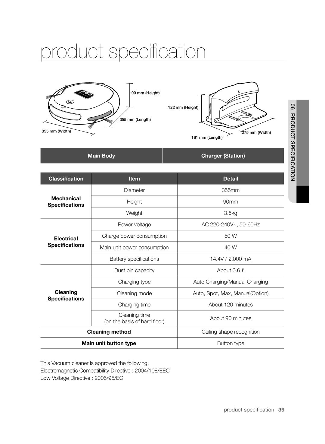 Samsung VR10BTBATUB/SW, VR10ATBATBB/EO, VR10ATBATGY/EG, VR10BTBATBB/EF manual Main Body, Charger Station, Speciﬁcations 