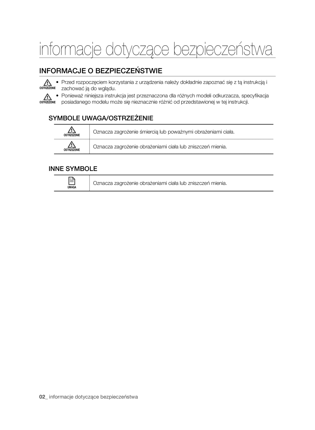 Samsung VR10BTBATBB/EF, VR10ATBATBB/EO manual Informacje O Bezpieczeństwie, Symbole UWAGA/OSTRZEŻENIE, Inne Symbole 