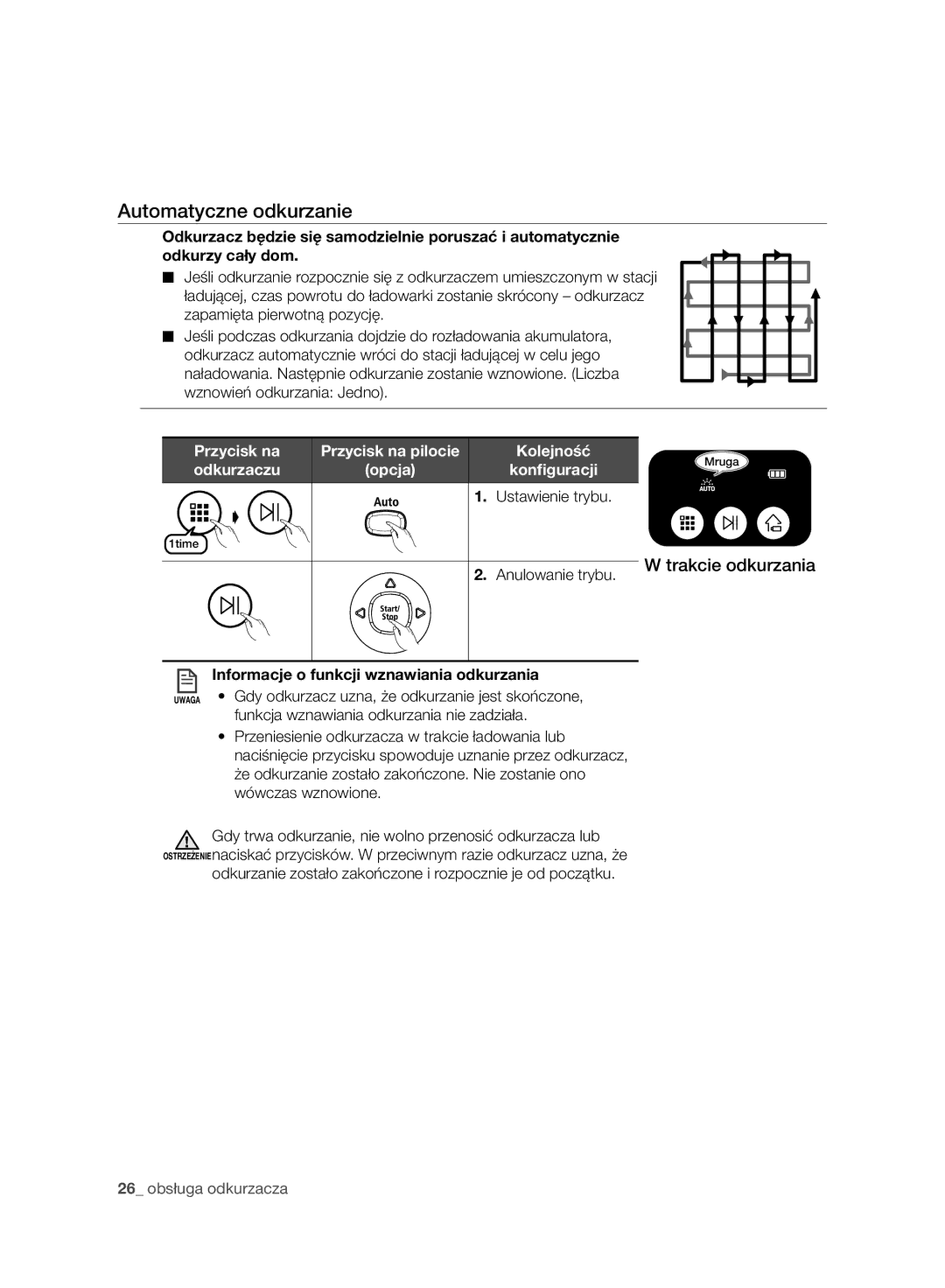 Samsung VR10ATBATRD/SW manual Automatyczne odkurzanie, Przycisk na, Odkurzaczu, Informacje o funkcji wznawiania odkurzania 