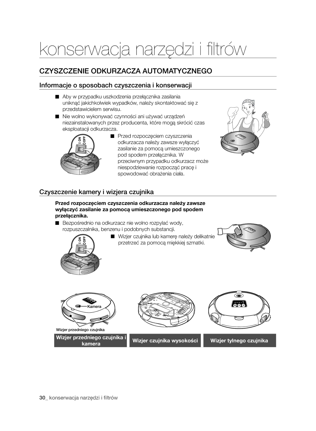 Samsung VR10ATBATBB/EO, VR10ATBATGY/EG manual Konserwacja narzędzi i ﬁ ltrów, Czyszczenie Odkurzacza Automatycznego 