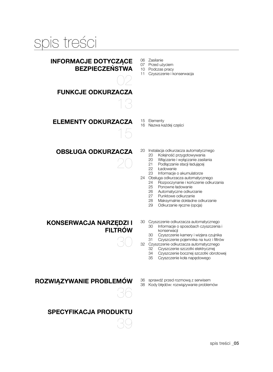 Samsung VR10BTBATGY/SW, VR10ATBATBB/EO, VR10ATBATGY/EG, VR10BTBATBB/EF, VR10ATBATGY/EF manual Spis treści, Obsługa Odkurzacza 