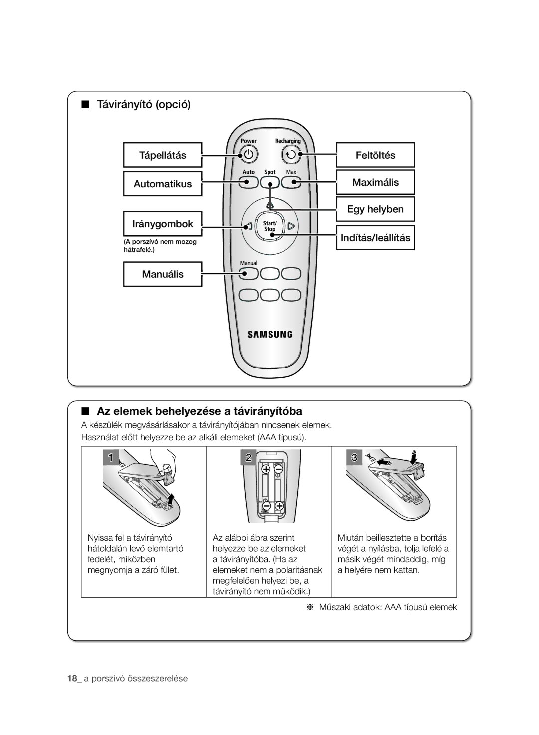 Samsung VR10ATBATGY/SW, VR10ATBATBB/EO, VR10ATBATGY/EG manual Távirányító opció, Az elemek behelyezése a távirányítóba 