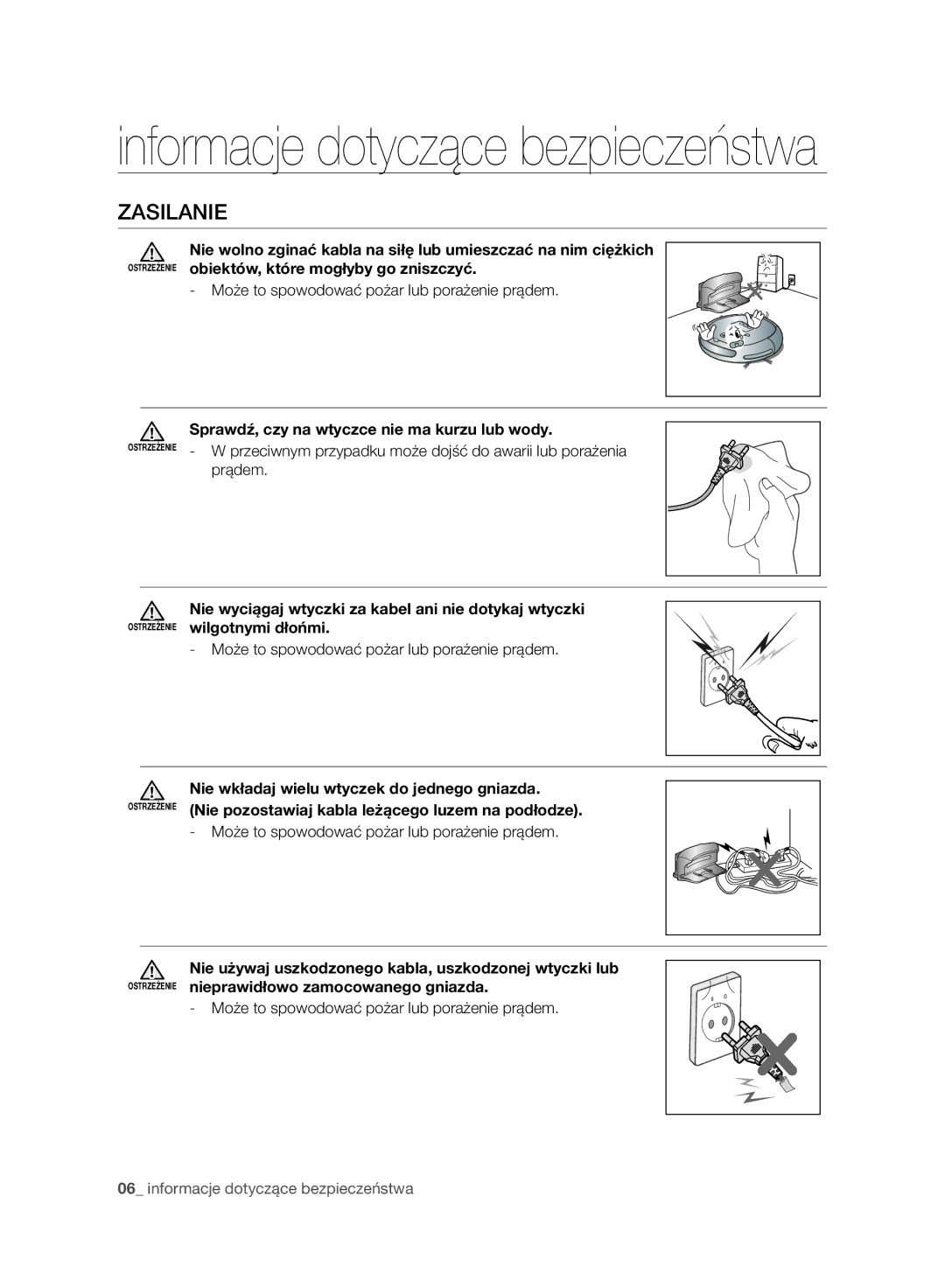 Samsung VR10ATBATRD/SW, VR10ATBATBB/EO, VR10ATBATGY/EG manual Zasilanie, Może to spowodować pożar lub porażenie prądem 