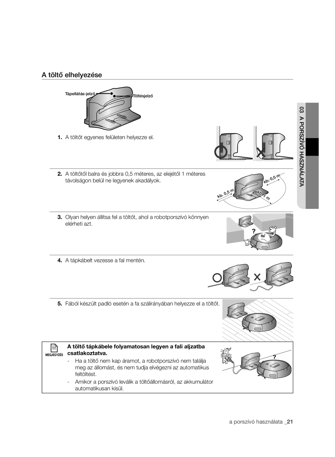 Samsung VR10ATBATGY/EG, VR10ATBATBB/EO, VR10BTBATBB/EF manual Töltő elhelyezése, Töltőt egyenes felületen helyezze el 