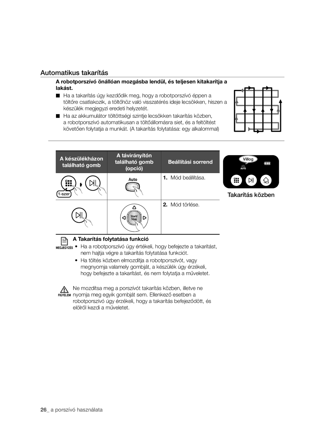 Samsung VR10ATBATRD/SW, VR10ATBATBB/EO manual Automatikus takarítás, Beállítási sorrend, Mód beállítása, Mód törlése 