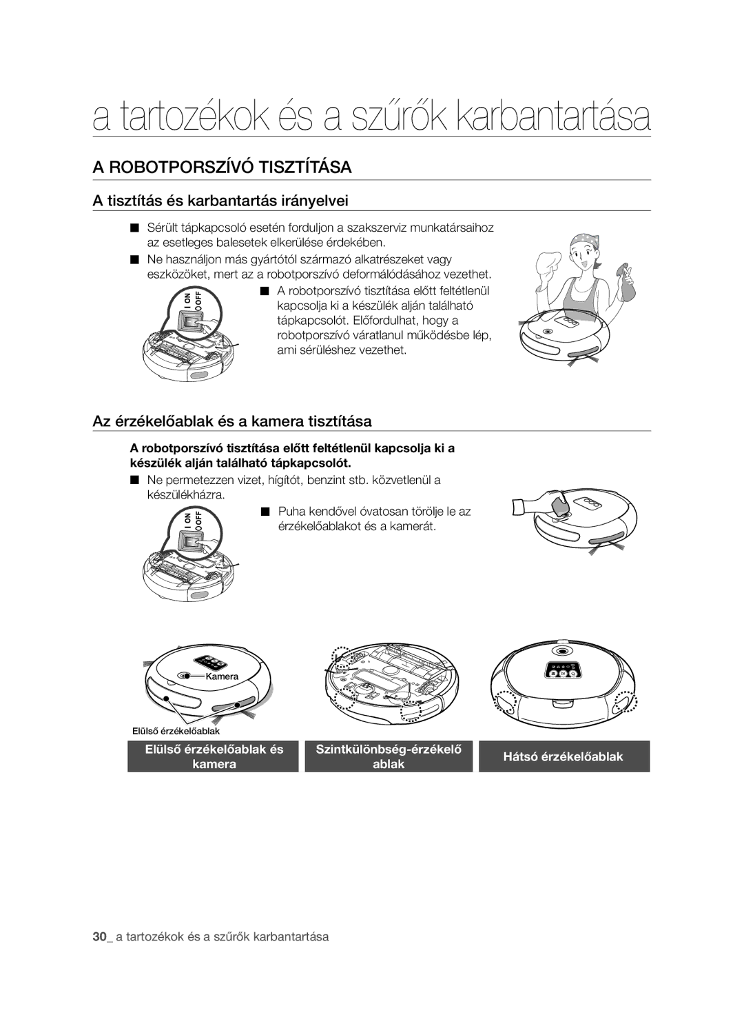 Samsung VR10ATBATBB/EO, VR10ATBATGY/EG, VR10BTBATBB/EF manual Robotporszívó Tisztítása, Tisztítás és karbantartás irányelvei 