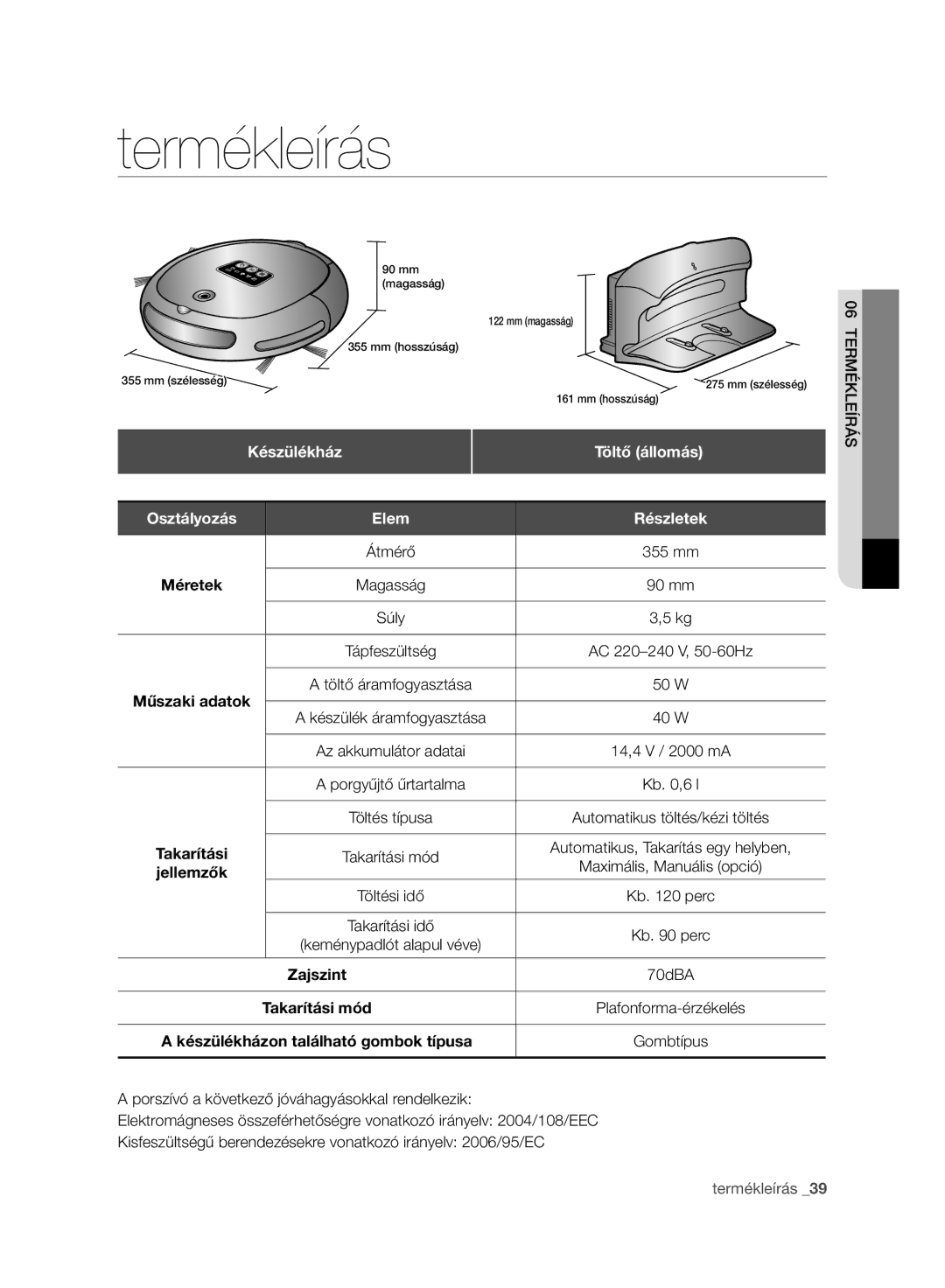 Samsung VR10BTBATUB/SW, VR10ATBATBB/EO manual Készülékház, Töltő állomás, Osztályozás Elem Részletek, Kb ,6 l, Gombtípus 