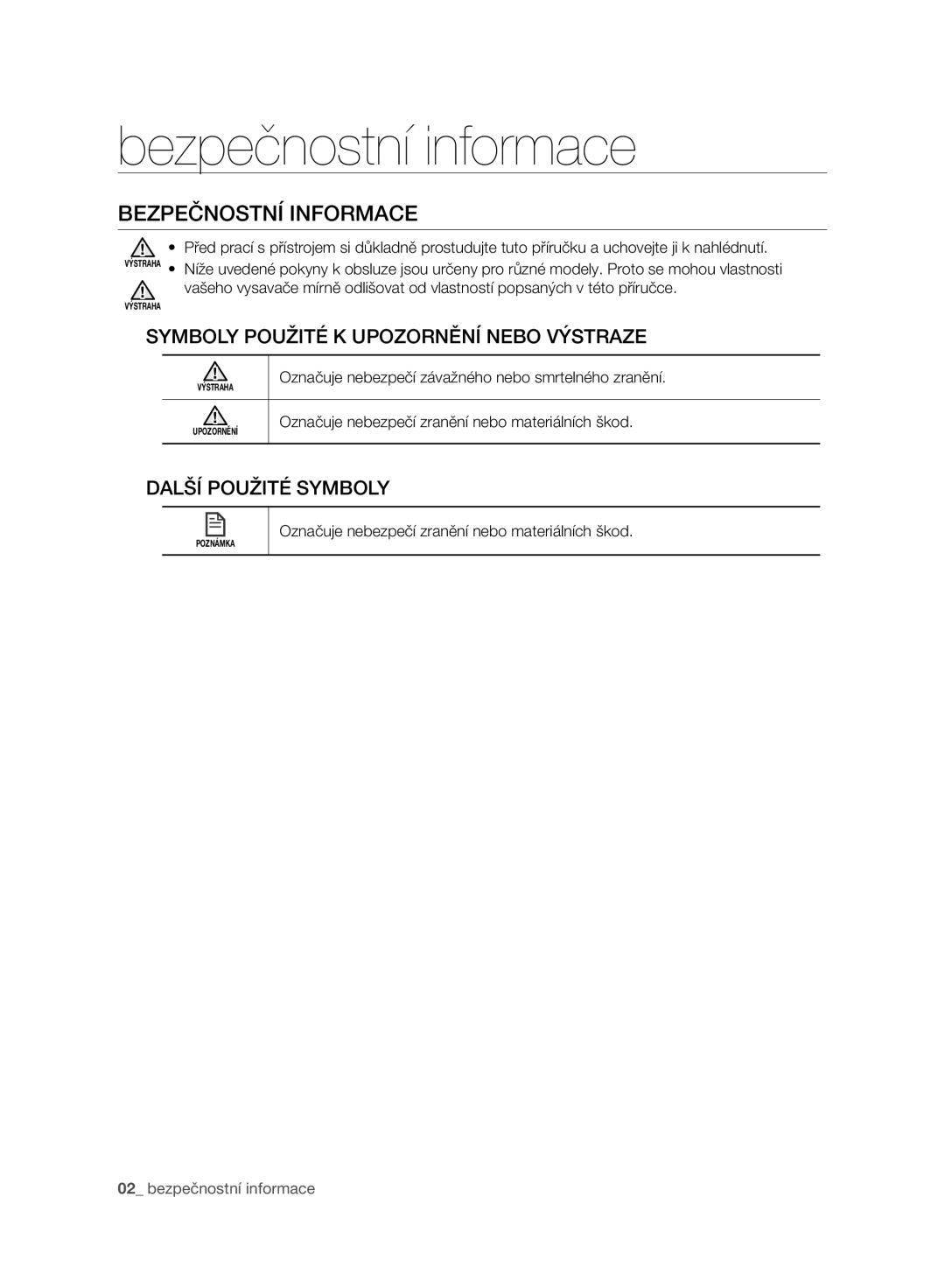 Samsung VR10BTBATBB/EF manual Bezpečnostní informace, Bezpečnostní Informace, Symboly Použité K Upozornění Nebo Výstraze 