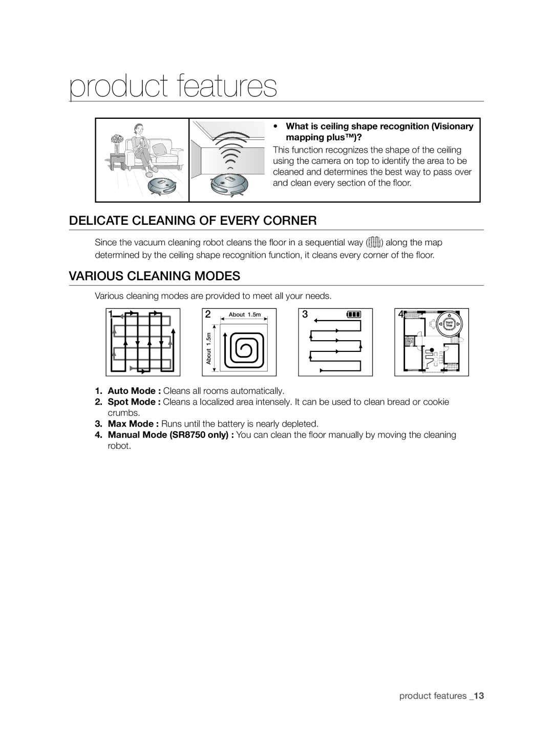 Samsung VR10ATBATBB/EO, VR10ATBATGY/EG manual Product features, Delicate Cleaning of Every Corner, Various Cleaning Modes 