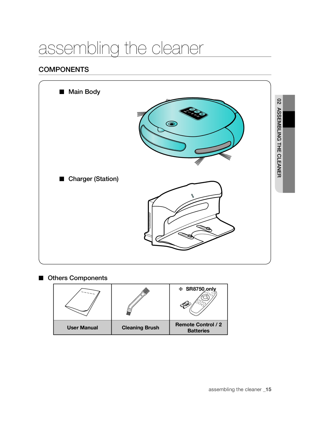 Samsung VR10BTBATBB/EG Assembling the cleaner, Main Body Charger Station Others Components, SR8750 only Cleaning Brush 