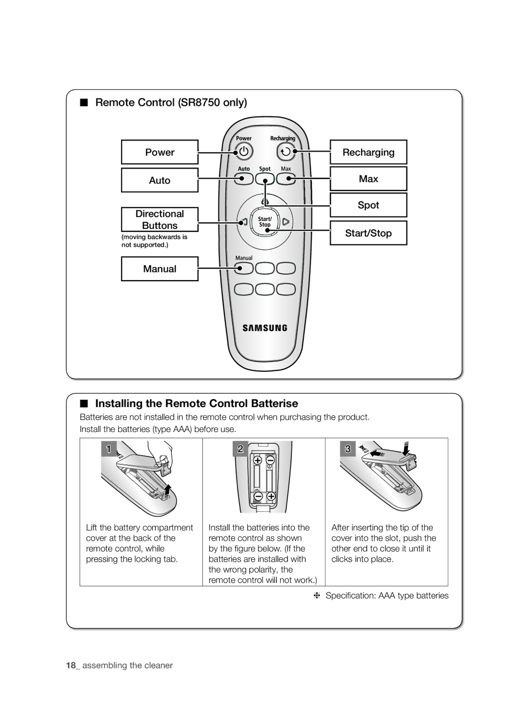 Samsung VR10ATBATRD/SW, VR10ATBATBB/EO, VR10ATBATGY/EG Remote Control SR8750 only, Installing the Remote Control Batterise 