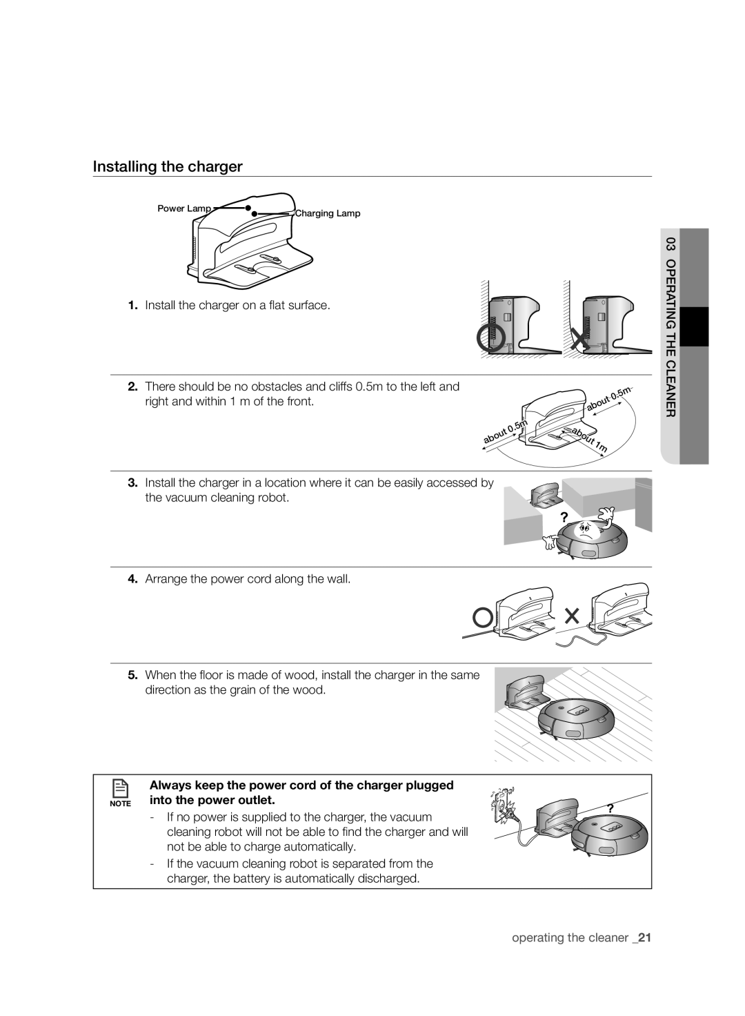 Samsung VR10BTBATUB/SW, VR10ATBATBB/EO, VR10ATBATGY/EG manual Installing the charger, Install the charger on a ﬂ at surface 