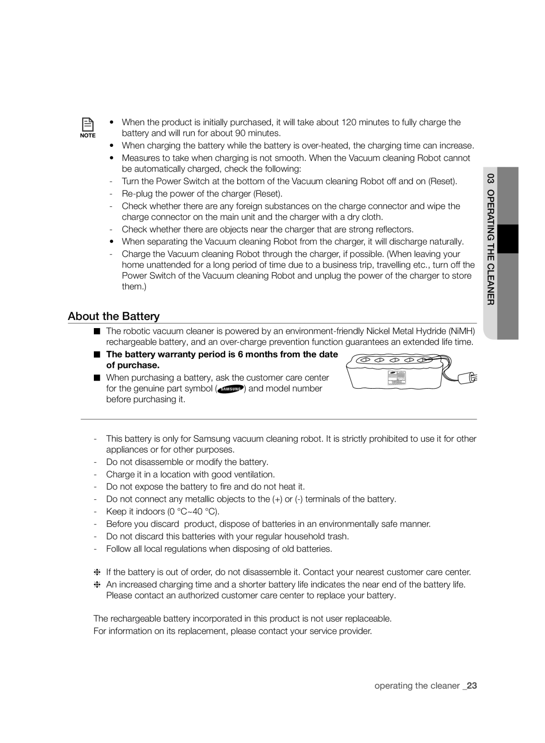 Samsung VR10ATBATUB/ML, VR10ATBATBB/EO, VR10ATBATGY/EG manual About the Battery, Battery and will run for about 90 minutes 