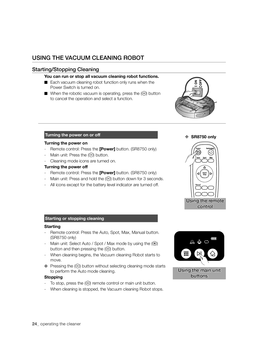 Samsung VR10BTBATBB/ML, VR10ATBATBB/EO, VR10ATBATGY/EG manual Using the Vacuum Cleaning Robot, Starting/Stopping Cleaning 