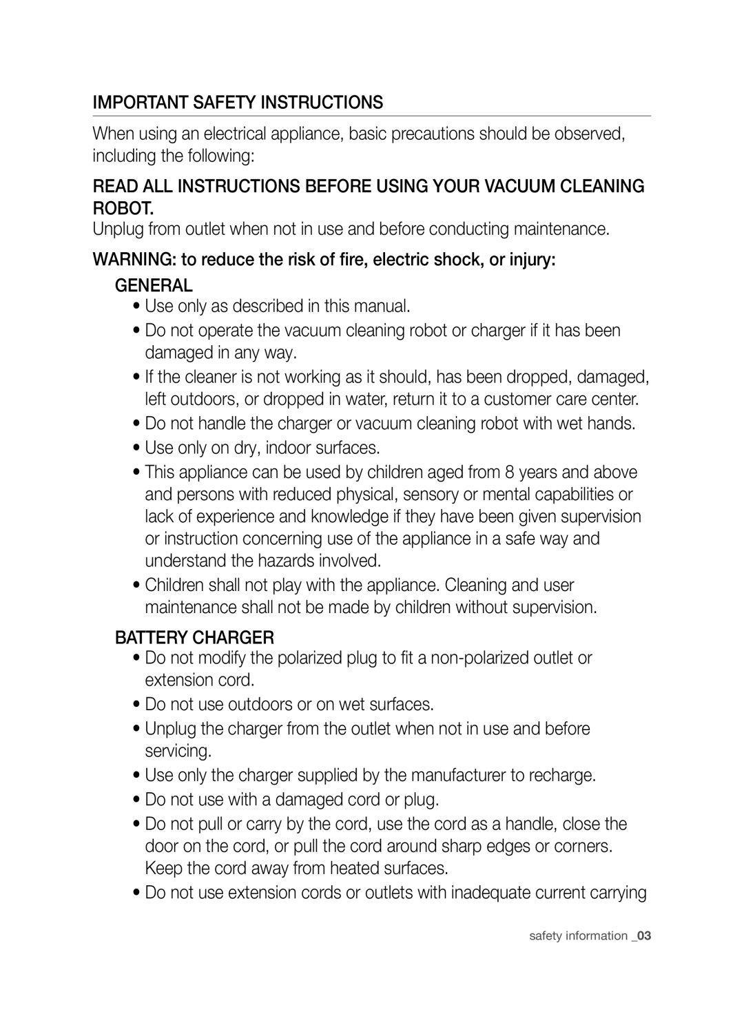 Samsung VR10ATBATUB/EE, VR10ATBATBB/EO, VR10ATBATGY/EG, VR10BTBATBB/EG, VR10BTBATGY/SW manual Important Safety Instructions 