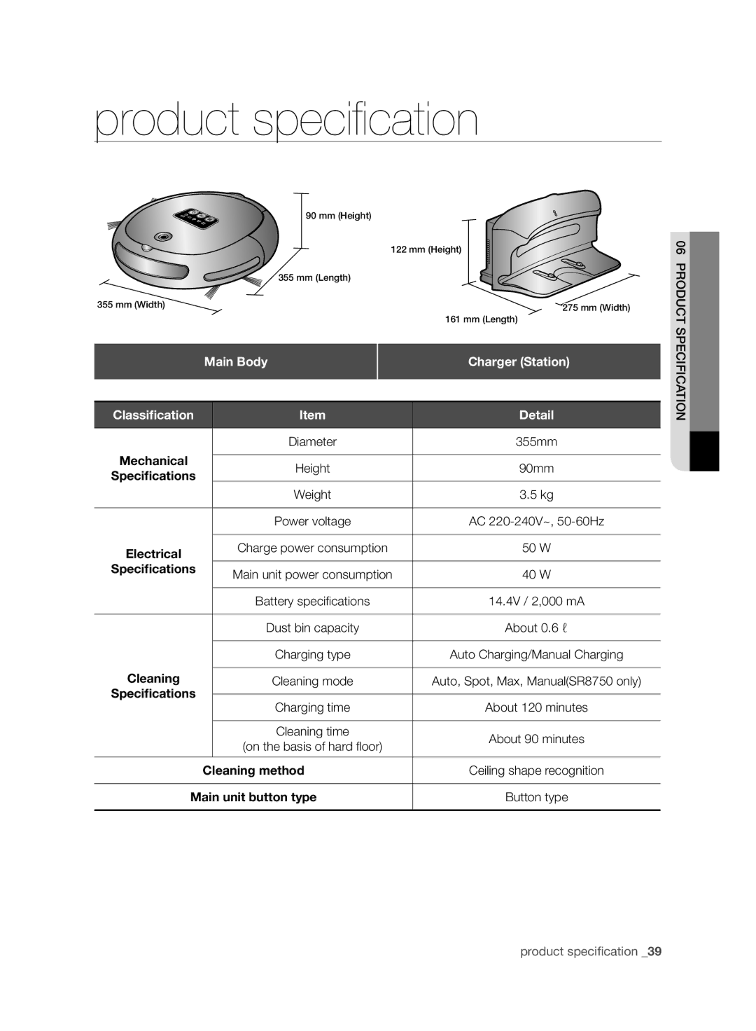 Samsung VR10ATBATBB/EO, VR10ATBATGY/EG manual Diameter 355mm, Height 90mm, Speciﬁcations, About 0.6 ℓ, Cleaning mode 