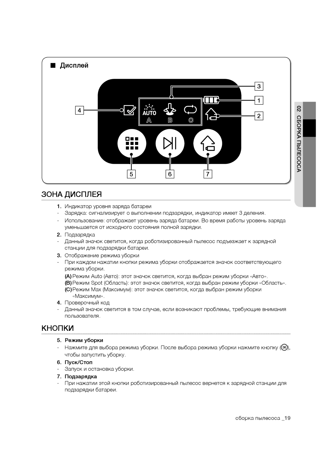 Samsung VR10BTBATBB/EG, VR10ATBATBB/EO, VR10ATBATGY/EG, VR10ATBATUB/EE Зона Дисплея, Кнопки, Индикатор уровня заряда батареи 