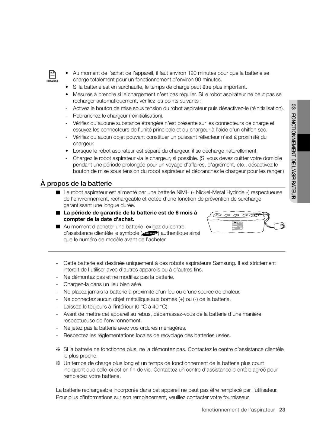 Samsung VR10ATBATRD/SW, VR10ATBATBB/EO, VR10ATBATGY/EG manual Propos de la batterie, Rebranchez le chargeur réinitialisation 