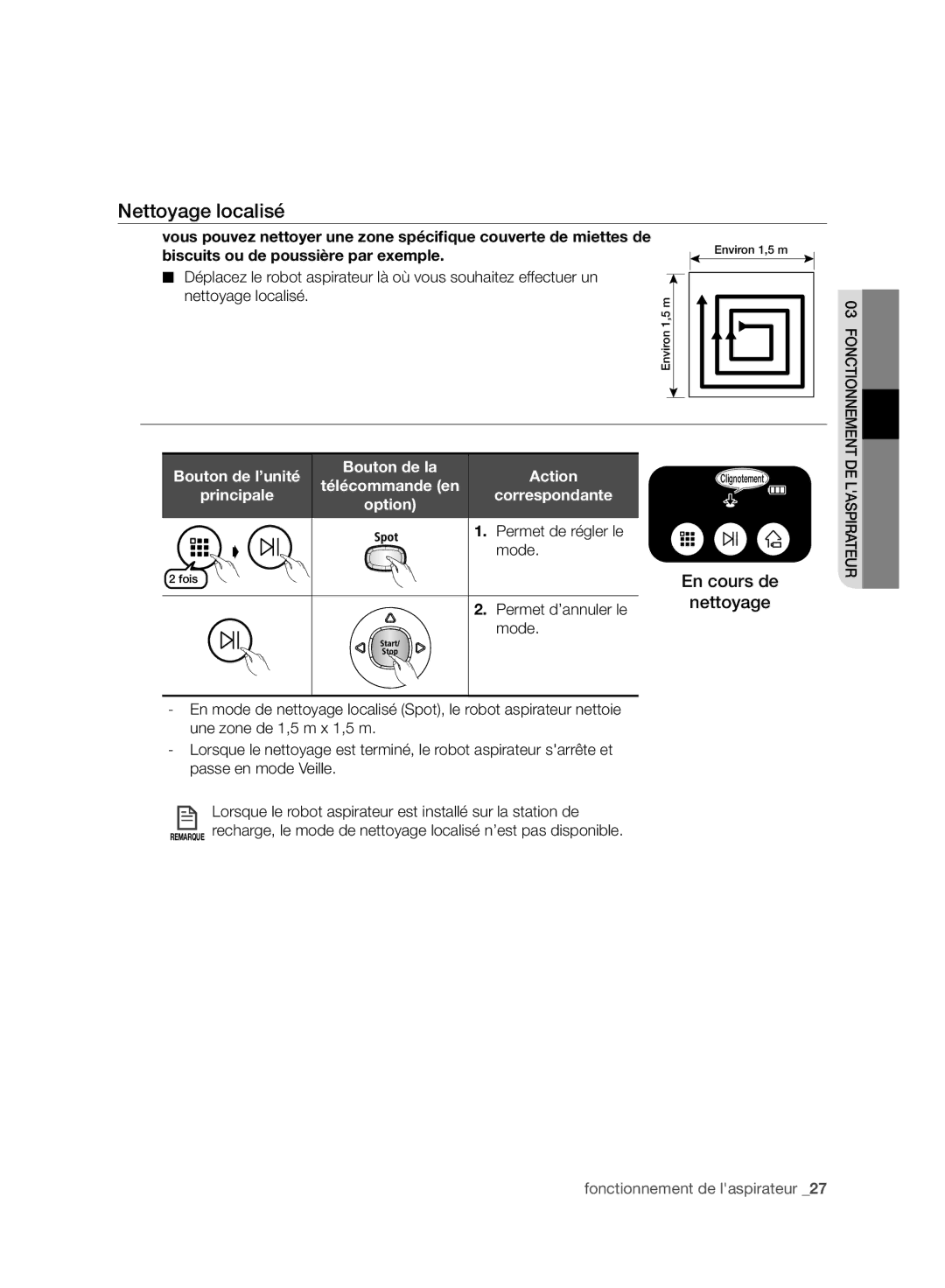 Samsung VR10BTBATUB/SW, VR10ATBATBB/EO Nettoyage localisé, Biscuits ou de poussière par exemple, Permet de régler le Mode 