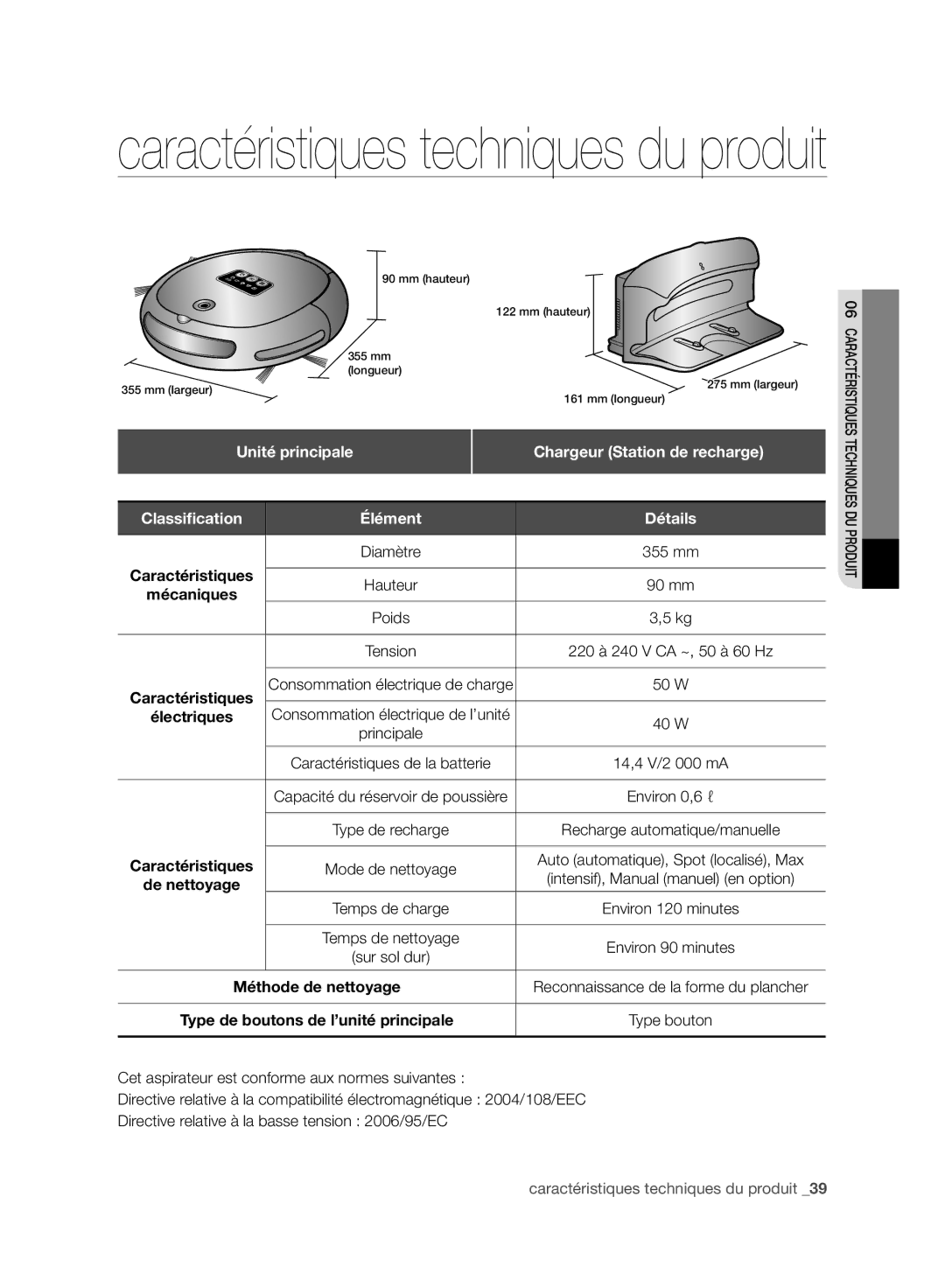 Samsung VR10BTBATBB/EG, VR10ATBATBB/EO, VR10ATBATGY/EG, VR10BTBATGY/SW manual Unité principale, Chargeur Station de recharge 