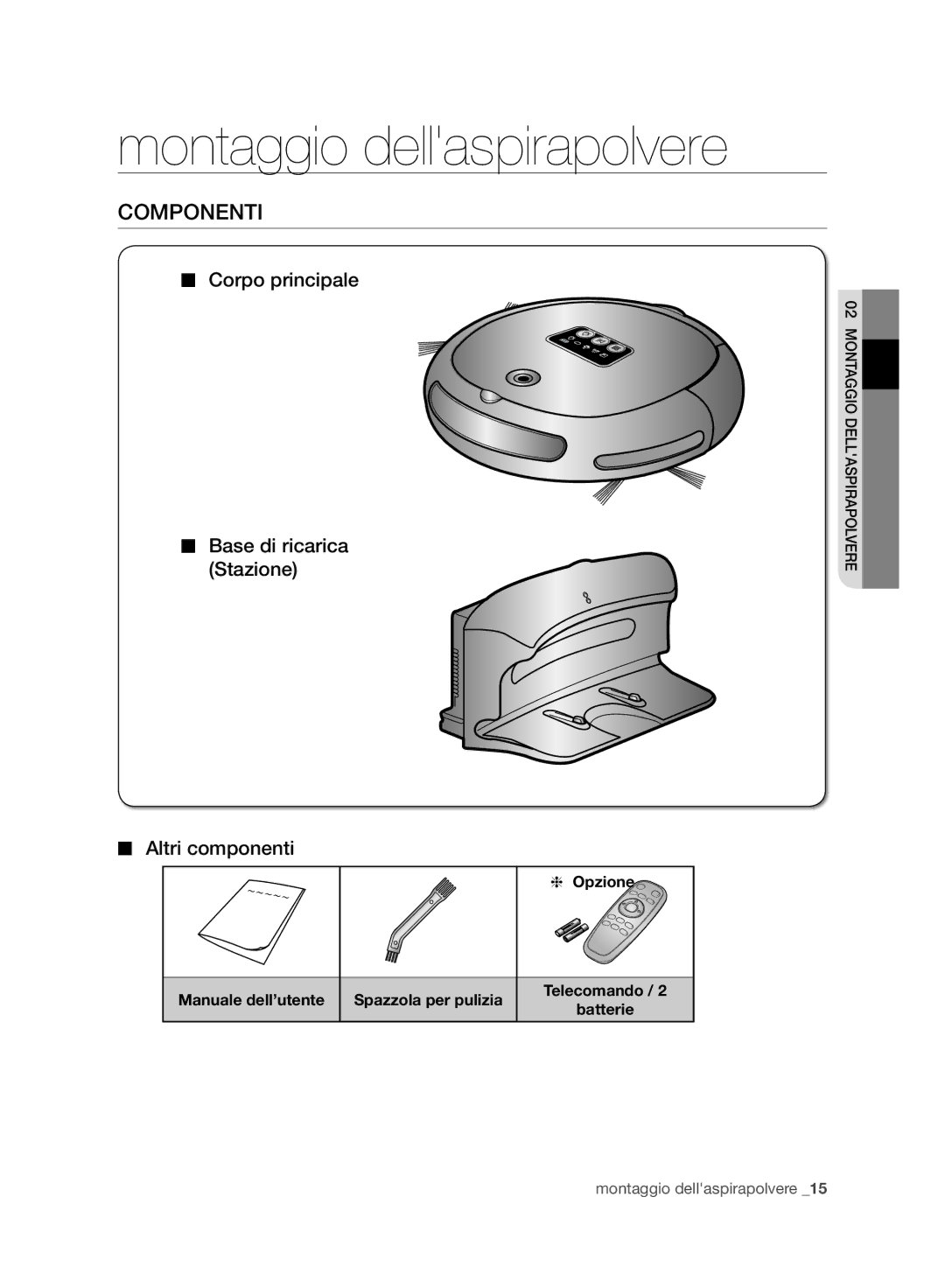 Samsung VR10ATBATBB/EO manual Montaggio dellaspirapolvere, Componenti, Opzione Manuale dell’utente Spazzola per pulizia 