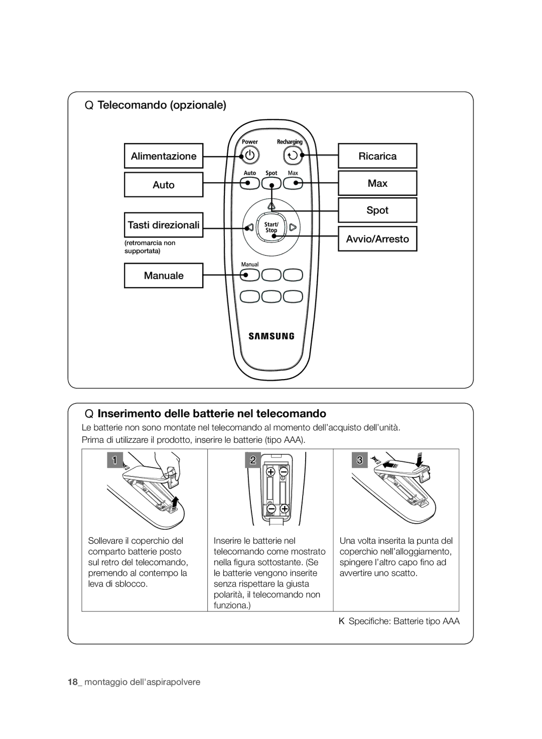 Samsung VR10BTBATGY/SW, VR10ATBATBB/EO, VR10ATBATGY/EG, VR10BTBATBB/EG Telecomando opzionale, Speciﬁ che Batterie tipo AAA 