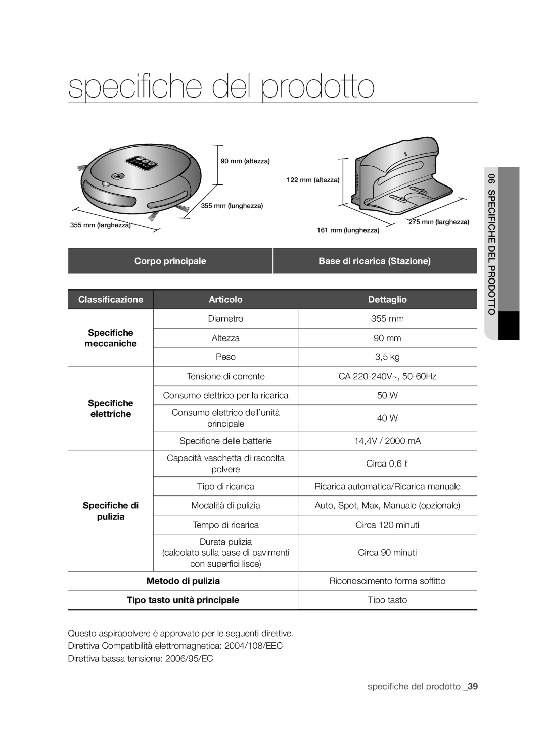 Samsung VR10ATBATGY/SW, VR10ATBATBB/EO, VR10ATBATGY/EG manual Corpo principale, Base di ricarica Stazione, Tipo tasto 