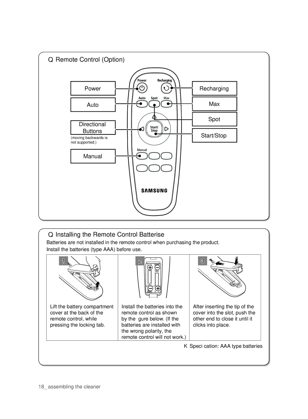 Samsung VR10ATBATBB/EO, VR10ATBATGY/EG, VR10BTBATBB/EG manual Remote Control Option, Installing the Remote Control Batterise 