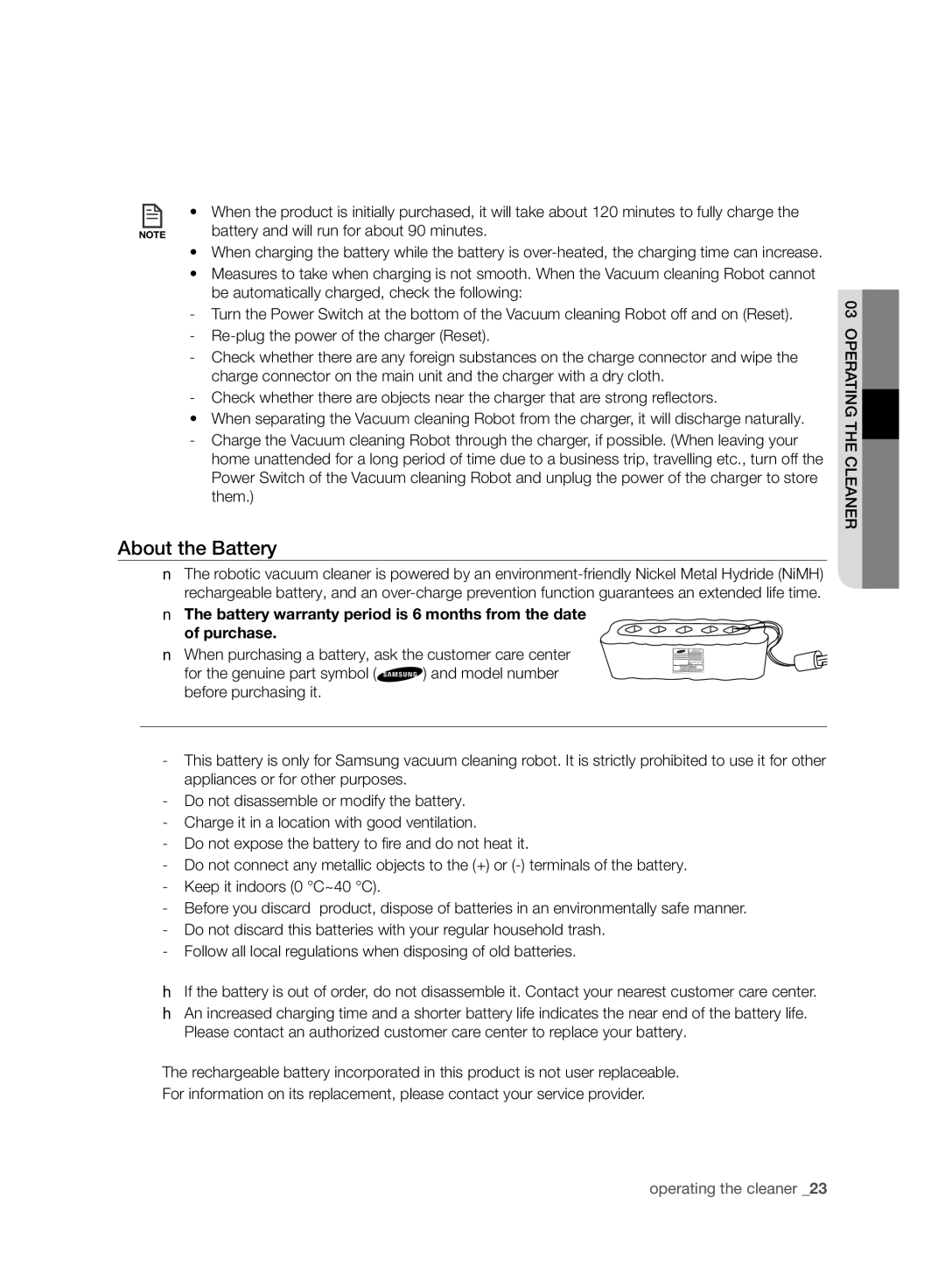 Samsung VR10ATBATRD/EO, VR10ATBATBB/EO, VR10ATBATGY/EG manual About the Battery, Battery and will run for about 90 minutes 