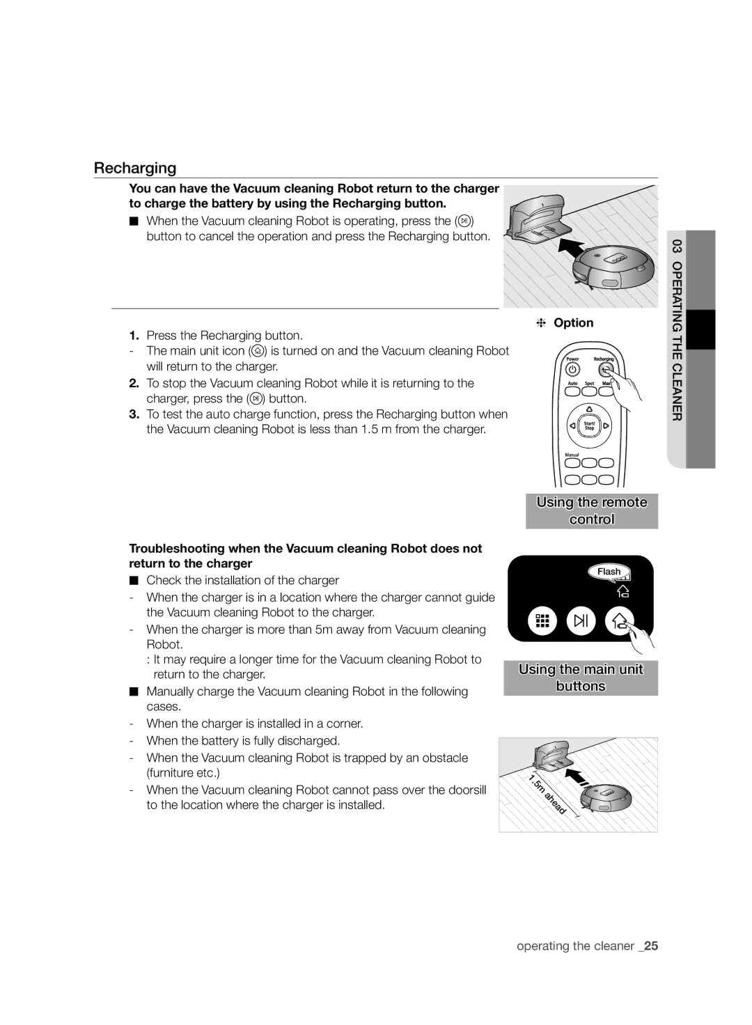 Samsung VR10CTBATUB/SW, VR10ATBATBB/EO, VR10ATBATGY/EG, VR10BTBATBB/EG, VR10BTBATGY/SW, VR10ATBATRD/SW manual Recharging, Option 