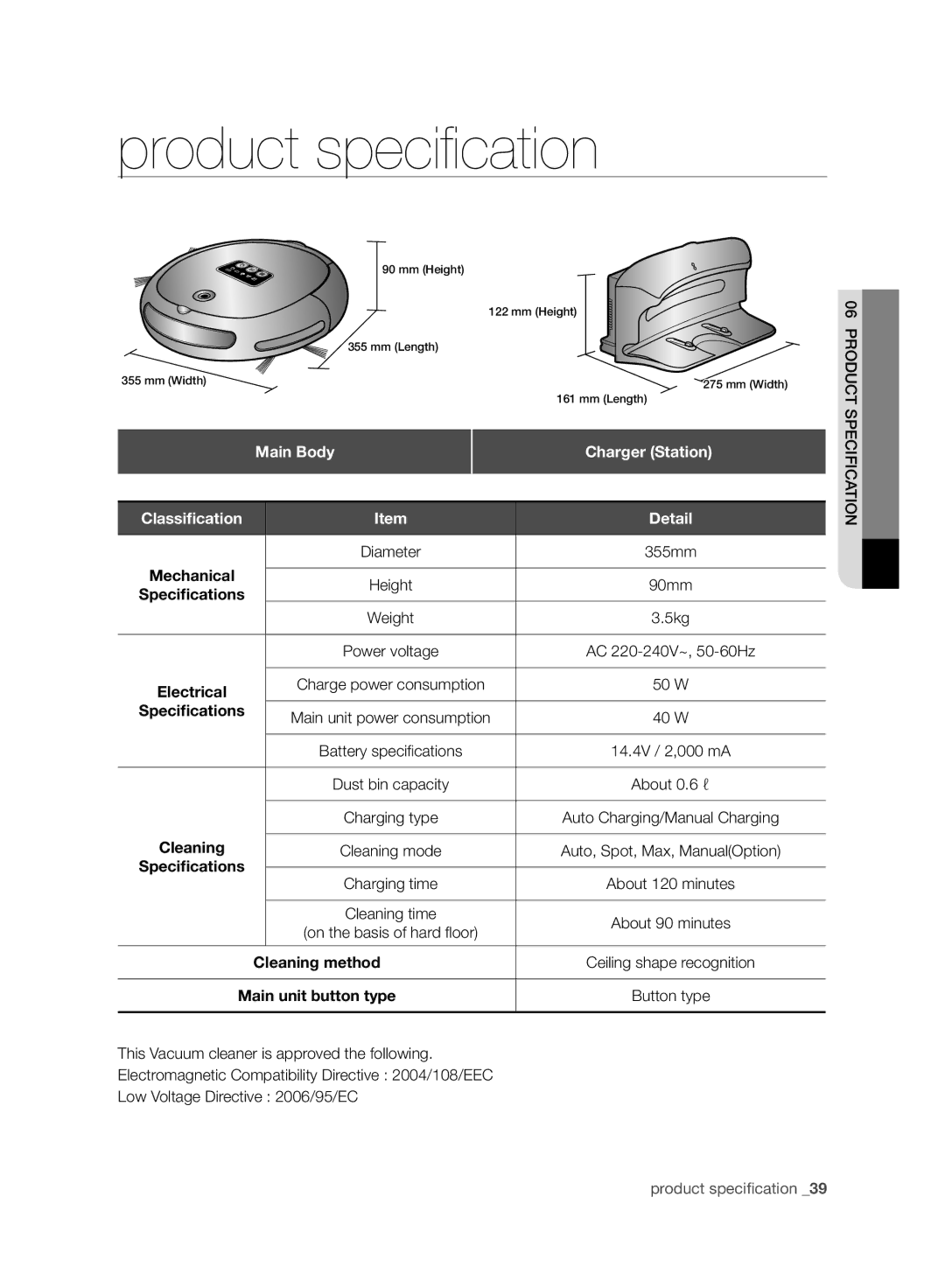 Samsung VR10BTBATGY/SW, VR10ATBATBB/EO, VR10ATBATGY/EG, VR10BTBATBB/EG manual Main Body, Charger Station, Speciﬁcations 