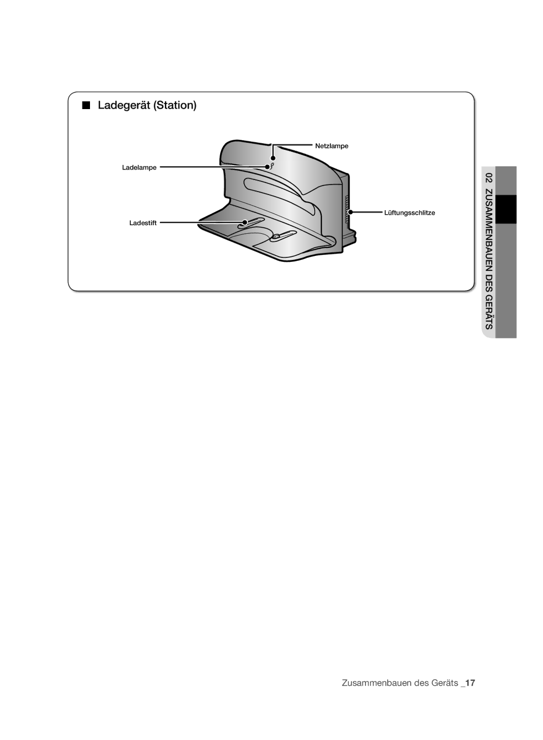 Samsung VR10BTBATGY/SW, VR10ATBATBB/EO, VR10ATBATGY/EG, VR10BTBATBB/EG manual Netzlampe Ladelampe Lüftungsschlitze Ladestift 