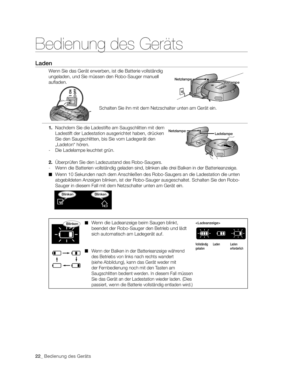 Samsung VR10BTBATUB/SW, VR10ATBATBB/EO, VR10ATBATGY/EG manual Laden, Schalten Sie ihn mit dem Netzschalter unten am Gerät ein 