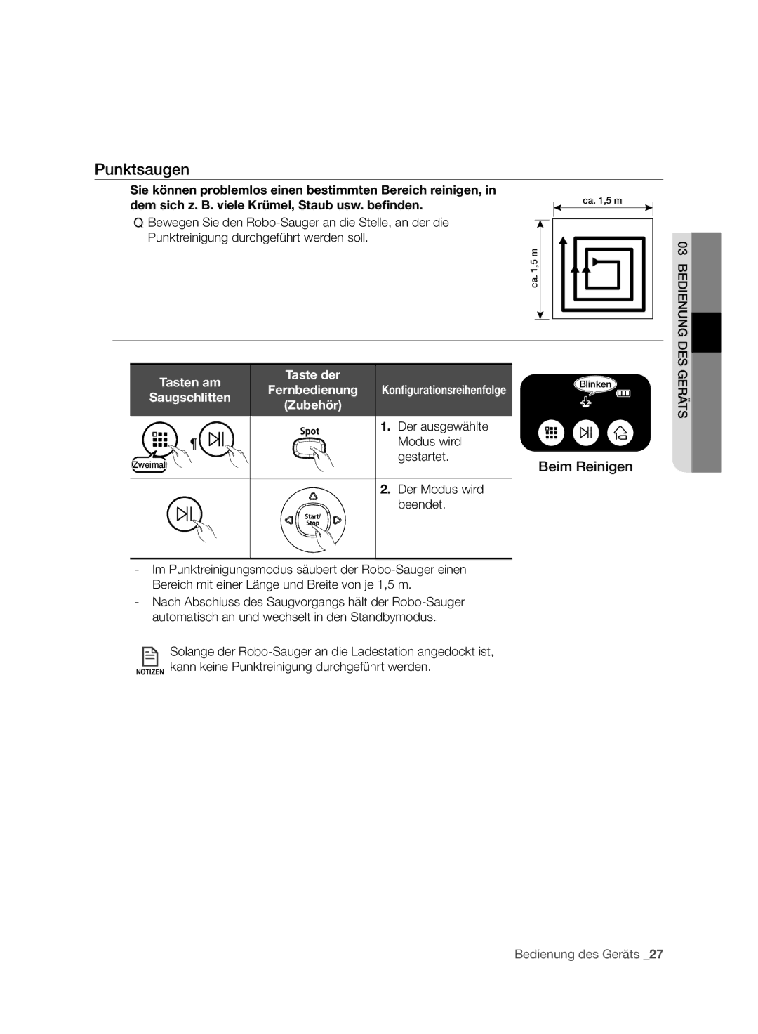 Samsung VR10ATBATRD/SW, VR10ATBATBB/EO manual Punktsaugen, Dem sich z. B. viele Krümel, Staub usw. beﬁnden, Tasten am 