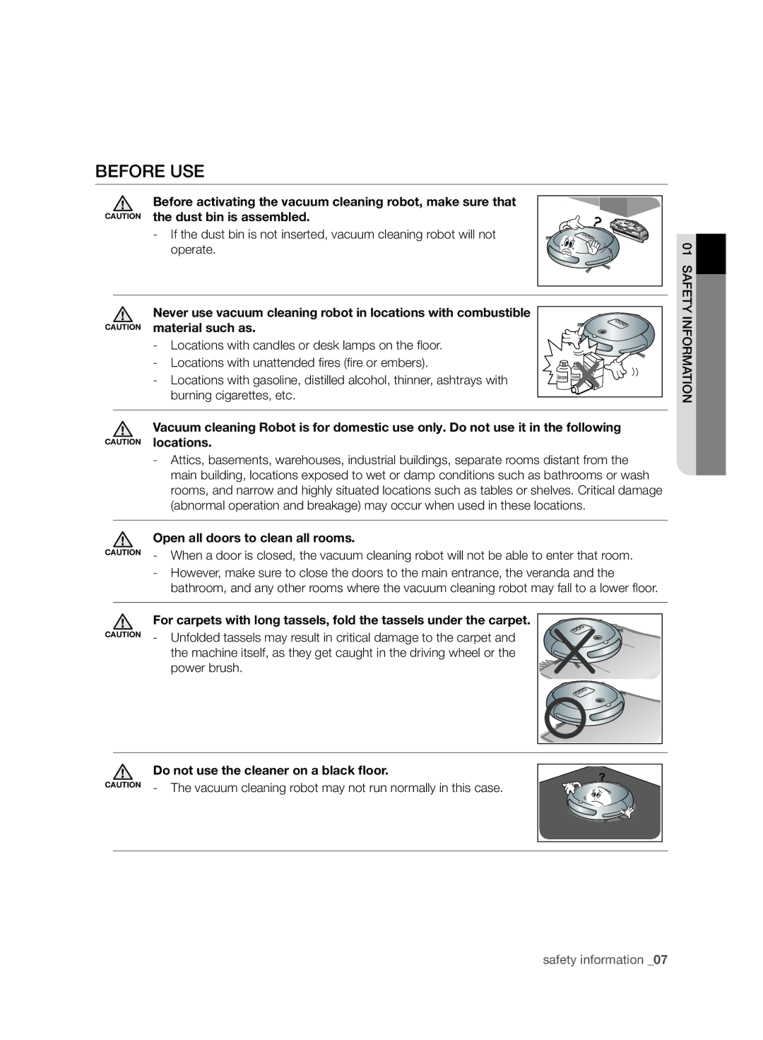 Samsung VR10CTBATUB/SW manual Before USE, Burning cigarettes, etc, Material such as, Open all doors to clean all rooms 