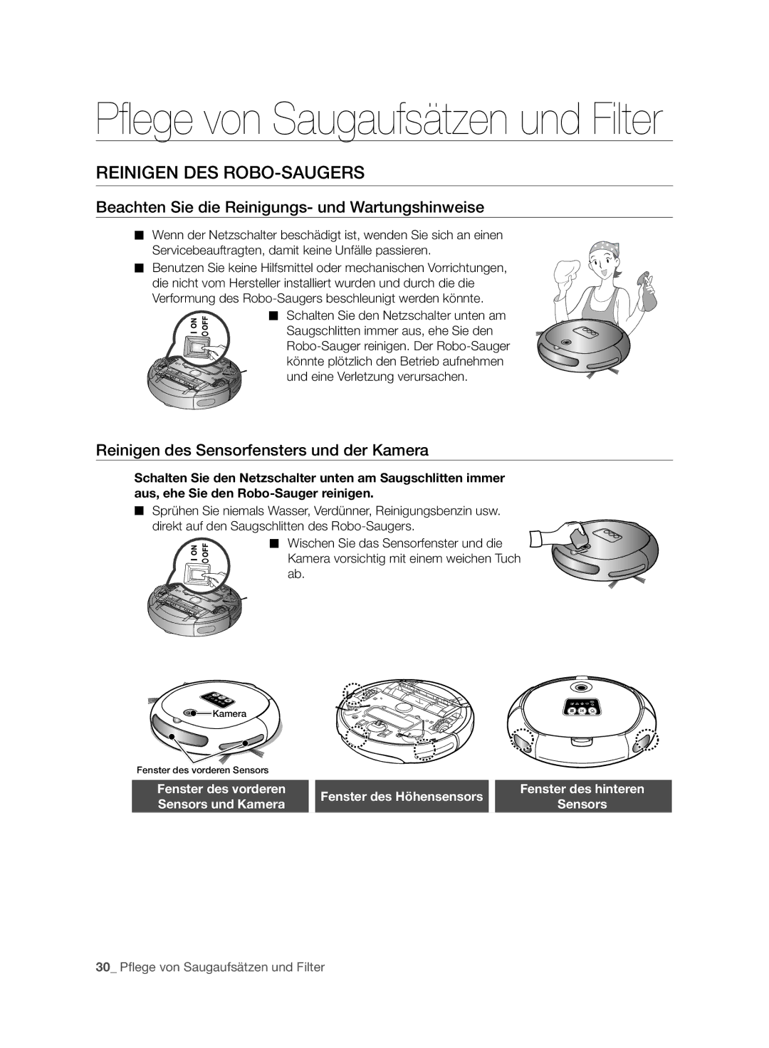 Samsung VR10CTBATUB/SW, VR10ATBATBB/EO manual Reinigen DES ROBO-SAUGERS, Beachten Sie die Reinigungs- und Wartungshinweise 