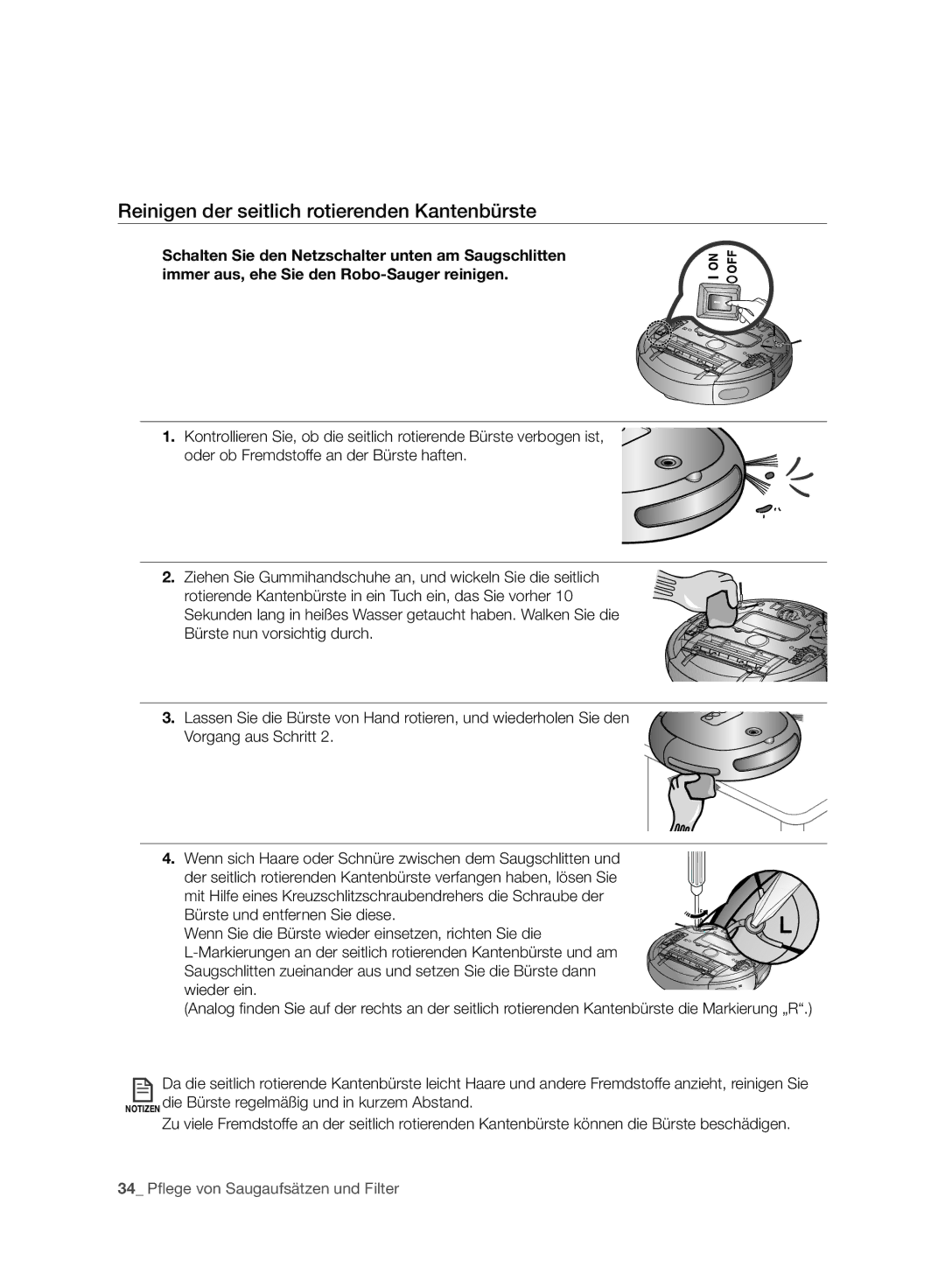 Samsung VR10BTBATBB/EG, VR10ATBATBB/EO, VR10ATBATGY/EG, VR10BTBATGY/SW manual Reinigen der seitlich rotierenden Kantenbürste 